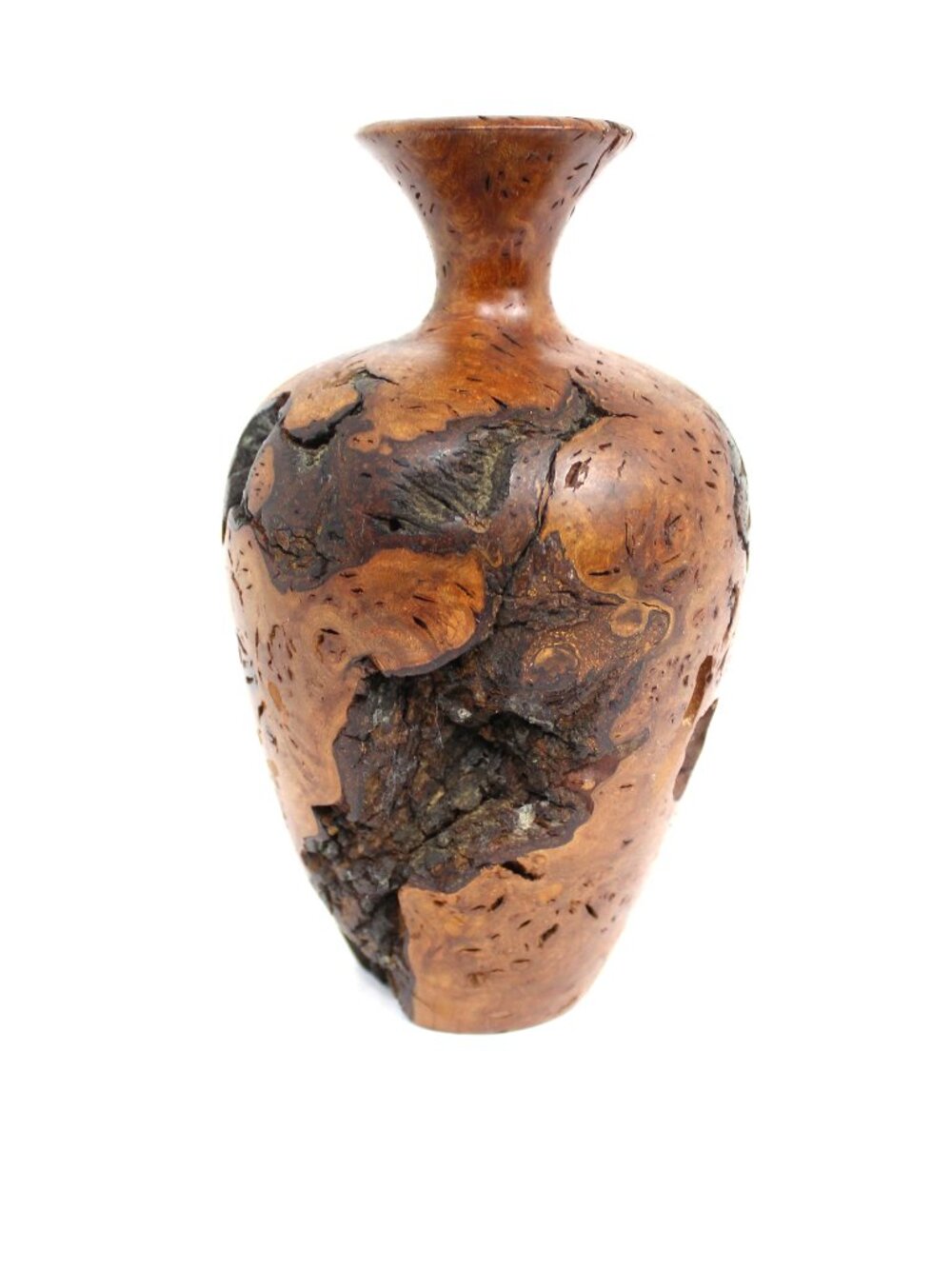 BURL WOOD HAND-TURNED RUSTIC BUD VASE FEATURING A NATURAL VOID SWIRLING GRAIN